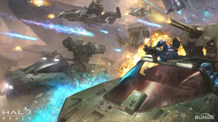 Epic battle scene from the video game Halo: Reach, featuring armored vehicles and soldiers in a dynamic, high-definition PC desktop wallpaper.