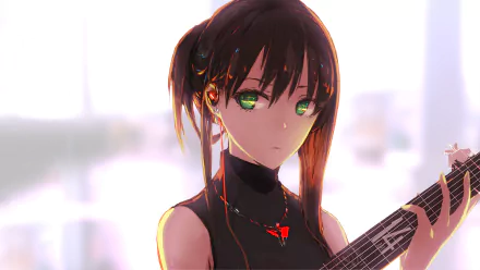 Rin Shibuya from The iDOLM@STER Cinderella Girls stands confidently with a guitar, set against a softly lit background, creating a captivating anime-inspired wallpaper.