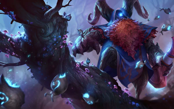 HD PC desktop wallpaper featuring Bard from League of Legends in a mystical, dark forest setting with glowing blue accents, capturing the video game's fantasy atmosphere.