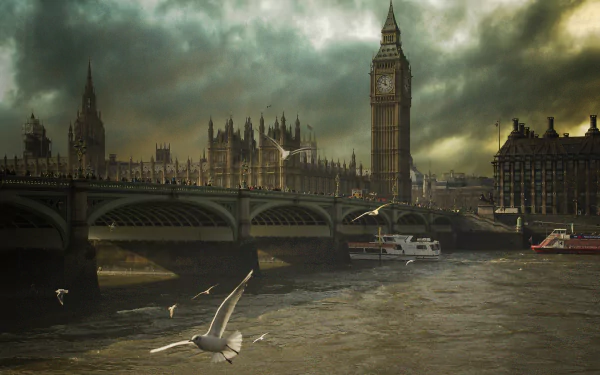 A dramatic view of London, featuring a seagull in flight near the River Thames, with Big Ben and London Bridge in the background, capturing the essence of this iconic city.