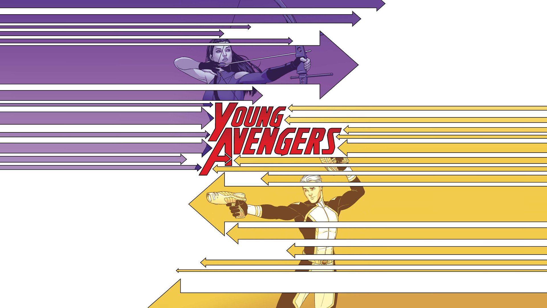 HD PC desktop wallpaper of Young Avengers: Speed in purple arrows and Kate Bishop in yellow arrows framing the Young Avengers logo, comic-style minimalist art.
