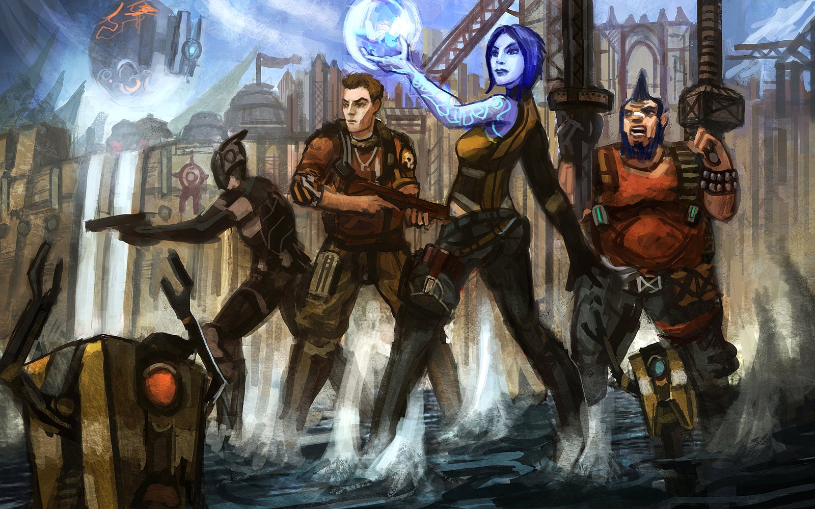 HD PC desktop wallpaper featuring characters from the video game Borderlands 2 in a dynamic, post-apocalyptic setting with vibrant, detailed artwork.