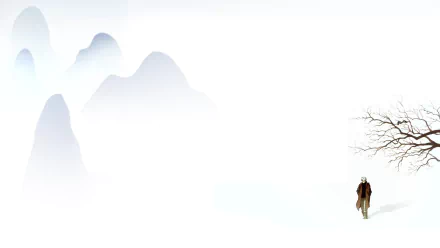 HD PC desktop wallpaper featuring Ginko from the anime Mushishi amidst misty mountains and a barren tree, capturing the series' serene and mysterious atmosphere.