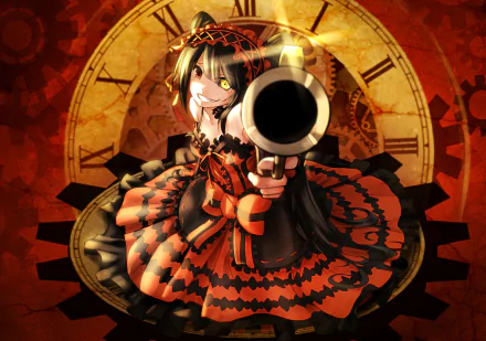 HD wallpaper featuring Kurumi Tokisaki from Date A Live in a red dress with heterochromia, smiling and holding a gun, set against a clock background.