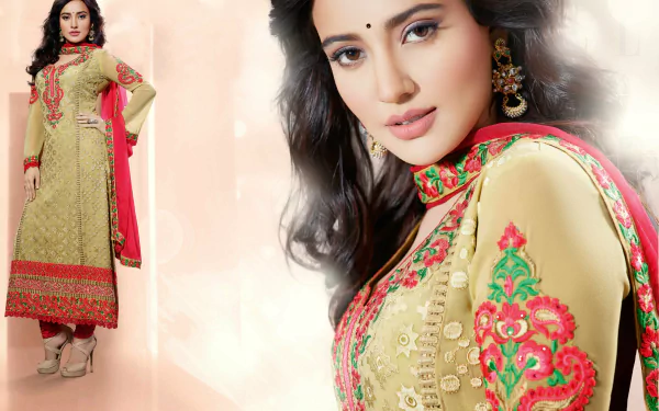 A stunning HD wallpaper featuring Indian celebrity Neha Sharma in traditional national dress, showcasing intricate embroidery and elegant styling against a soft background.