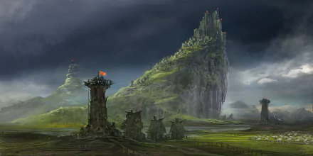 A fantasy landscape featuring dramatic skies, towering cliffs, and rustic structures, offering a captivating HD backdrop for any desktop.