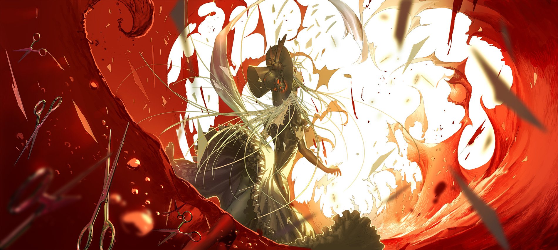 An original anime-inspired HD wallpaper featuring a dramatic scene with a character amidst swirling red and white elements, capturing a dynamic and intense atmosphere.