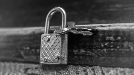 Black and white HD desktop wallpaper featuring a close-up of a man-made metal padlock with two keys inserted, resting on a textured surface.