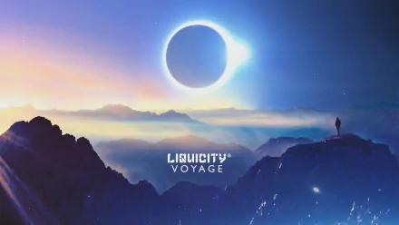 HD PC desktop wallpaper: surreal Liquicity Voyage scene — lone figure on mountain ridge watching a glowing solar eclipse over misty valleys, evoking electronic music ambiance.