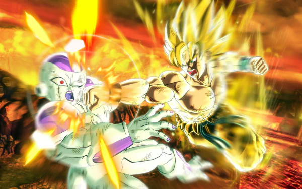 HD PC desktop wallpaper featuring an intense battle scene from the video game Dragon Ball Xenoverse with Super Saiyan Goku striking Frieza.