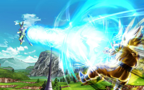 HD PC desktop wallpaper from the video game Dragon Ball Xenoverse, depicting an intense energy blast battle between two characters in a vibrant, open landscape.