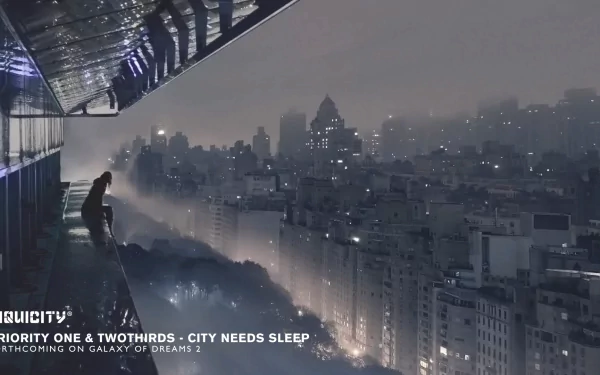 HD PC desktop wallpaper featuring a misty cityscape at night with a solitary figure on a balcony, evoking a calm, music-inspired atmosphere by Liquicity.