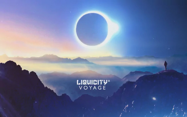 HD PC desktop wallpaper: surreal Liquicity Voyage scene — lone figure on mountain ridge watching a glowing solar eclipse over misty valleys, evoking electronic music ambiance.