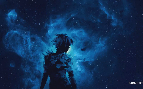 A visually striking HD wallpaper featuring a figure silhouetted against a cosmic background, infused with vibrant blue hues, capturing the essence of music and the Liquicity vibe.