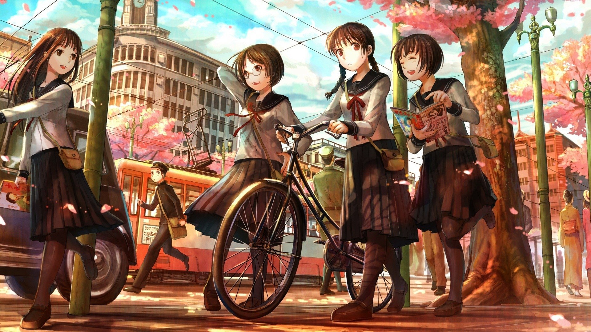 Anime-inspired HD desktop wallpaper featuring a vibrant scene of schoolgirls in uniforms enjoying a sunny day amidst cherry blossom trees and vintage streetcars.