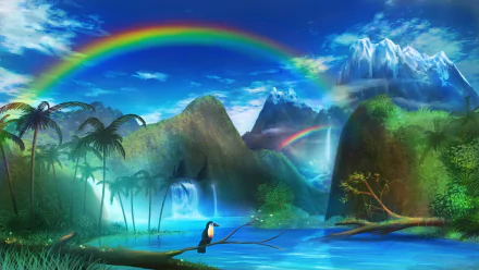 Anime-style HD desktop wallpaper featuring a vibrant landscape with trees, mountains, waterfalls, a rainbow, and an original anime bird perched by the water.