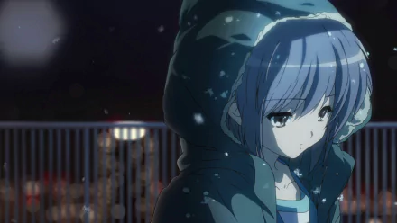 HD anime desktop wallpaper featuring Yuki Nagato from The Melancholy of Haruhi Suzumiya, depicted with a thoughtful expression in a dark, rainy night setting.
