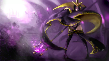 LeBlanc (League of Legends) in purple-gold robes casting dark magic with floating shards, stylized video game art — HD PC desktop wallpaper/background.
