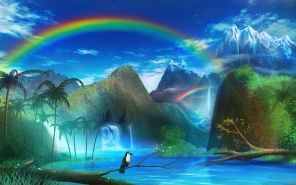 Anime Original Bird Rainbow Mountain Water Tree HD Wallpaper | Background Image