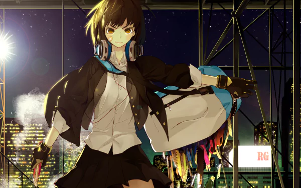 Anime girl wearing headphones and a flowing jacket on a rooftop at night with glowing city lights — HD PC desktop wallpaper/background.