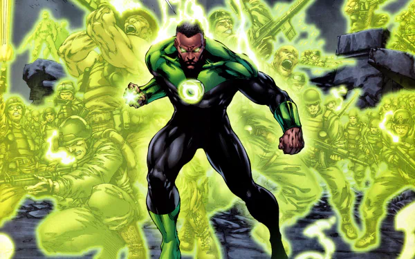 Comic-style Green Lantern charging forward, glowing emerald power ring and spectral allies behind; 2K Quad HD PC desktop wallpaper background.