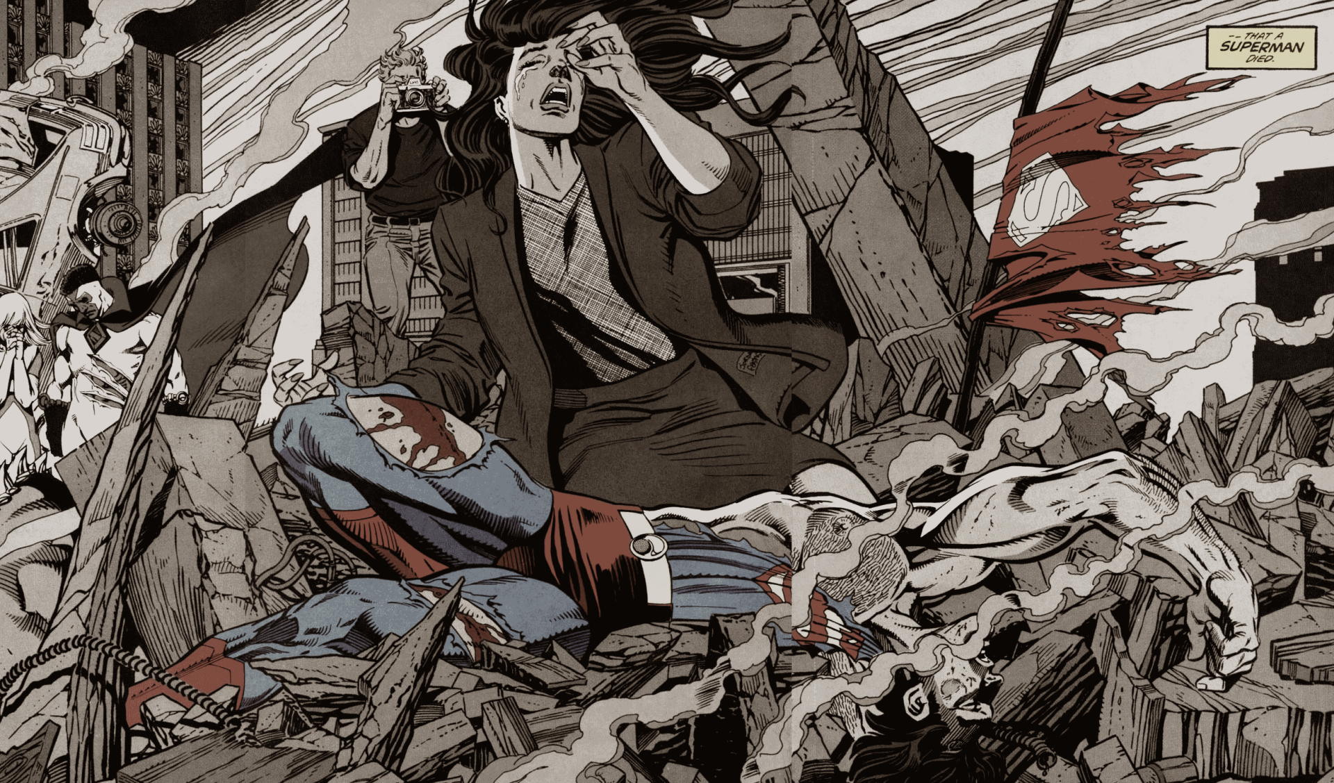 HD PC desktop wallpaper featuring a dramatic comic-style scene with Superman lying injured amid rubble, and a distressed woman nearby.