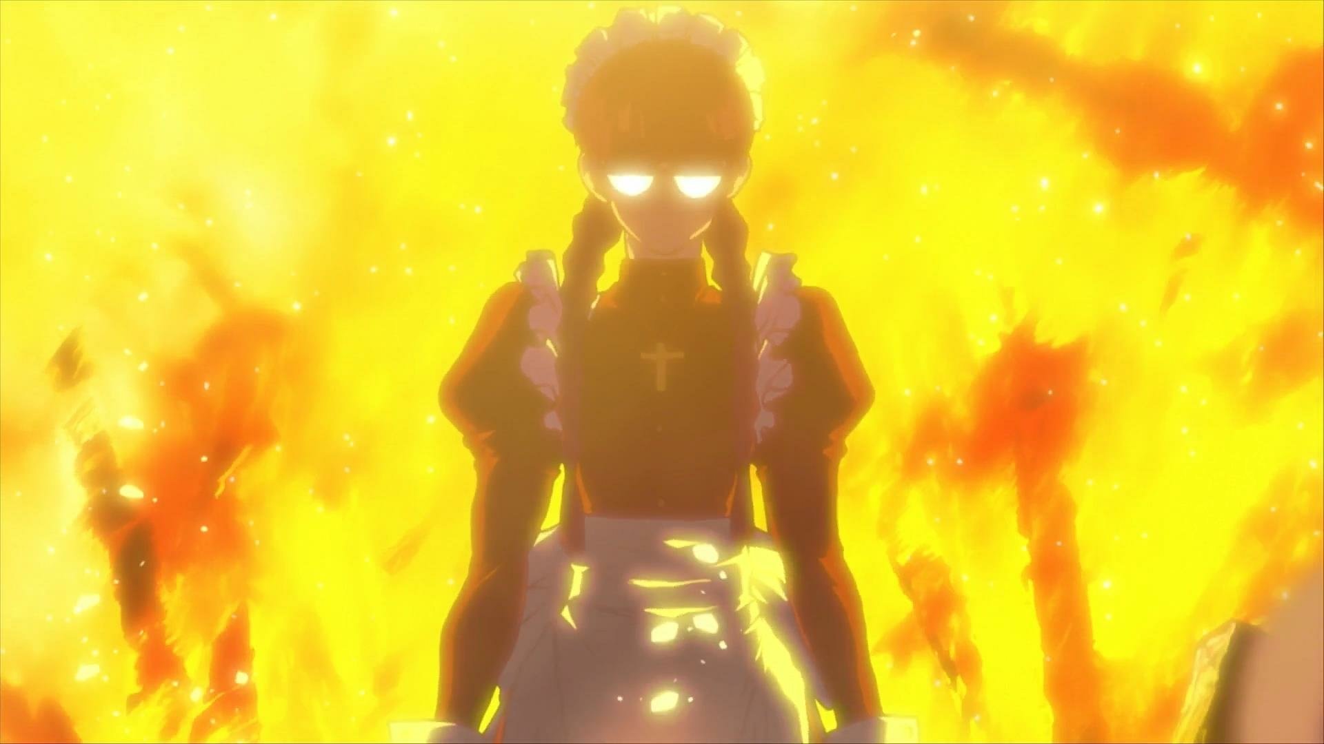 HD PC desktop wallpaper featuring Roberta from the anime Black Lagoon, with glowing eyes and a fiery, intense background.