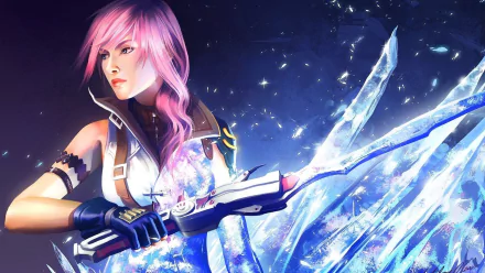 A dynamic HD wallpaper featuring Lightning from Final Fantasy XIII, showcasing her as a fierce warrior with a striking weapon and vibrant, icy effects in the background.