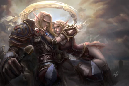 A dramatic HD wallpaper from World of Warcraft, featuring two elegant elves in ornate armor against a mystical backdrop, highlighting the game's enchanting fantasy world.