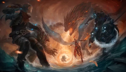 A dynamic HD wallpaper featuring Hecarim, Malphite, Ezreal, Kayle, and Teemo from League of Legends, showcasing an intense battle against a powerful dragon amidst swirling chaos.