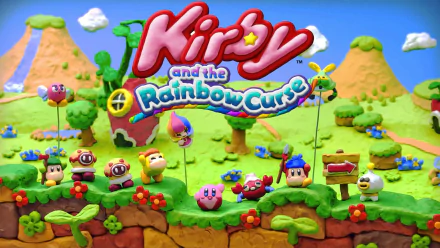 HD desktop wallpaper of Kirby and the Rainbow Curse featuring colorful claymation-style Kirby characters and logo set against a vibrant backdrop.