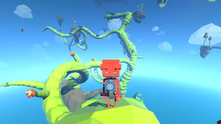 HD desktop wallpaper featuring the robot protagonist from Grow Home amidst whimsical floating islands and growing vines.