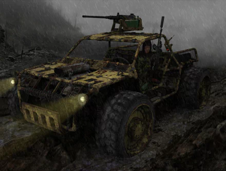 HD PC desktop wallpaper from the video game Fallen Earth featuring a rugged, armored off-road vehicle navigating a dark, rainy, post-apocalyptic terrain.