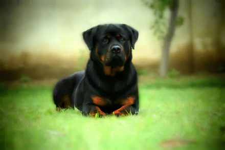 HD desktop wallpaper featuring a Rottweiler lying on grass with a softly blurred green background.