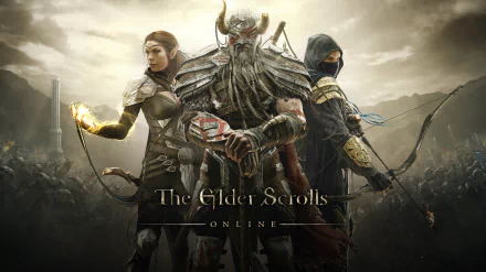 A vibrant HD wallpaper featuring characters from The Elder Scrolls Online, showcasing a fierce warrior and a mystical spellcaster in an epic fantasy setting.