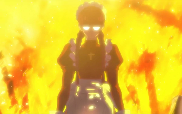 HD PC desktop wallpaper featuring Roberta from the anime Black Lagoon, with glowing eyes and a fiery, intense background.