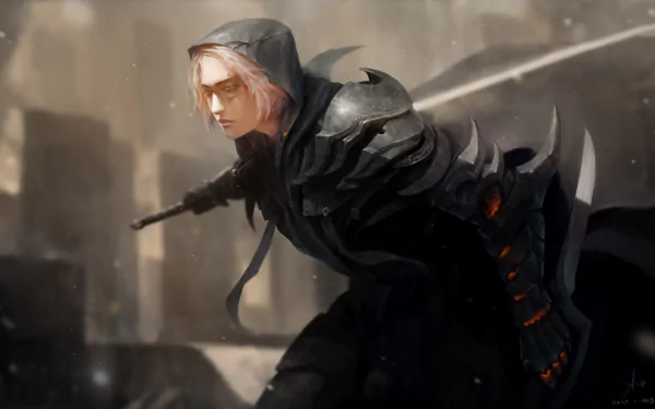 A fierce fantasy warrior in dark, intricately designed armor, poised for battle amid a desolate backdrop. This HD wallpaper showcases an intense, atmospheric scene.