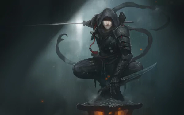 HD fantasy wallpaper featuring a warrior in dark armor poised dramatically with a sword, surrounded by mystic fog and glowing embers.