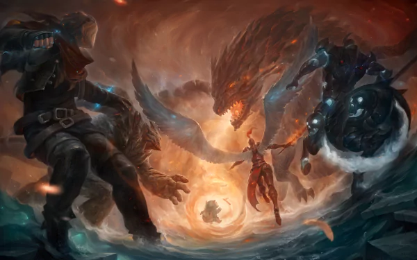 A dynamic HD wallpaper featuring Hecarim, Malphite, Ezreal, Kayle, and Teemo from League of Legends, showcasing an intense battle against a powerful dragon amidst swirling chaos.