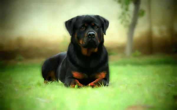 HD desktop wallpaper featuring a Rottweiler lying on grass with a softly blurred green background.