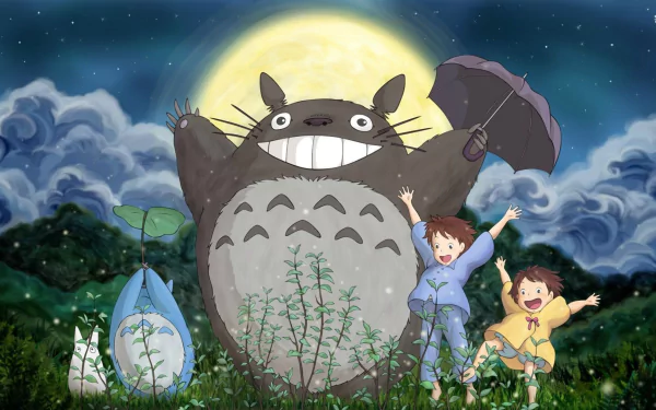 HD desktop wallpaper featuring Totoro, Mini Totoro, Satsuki Kusakabe, and Mei Kusakabe from the anime My Neighbor Totoro under a glowing full moon and starry sky.