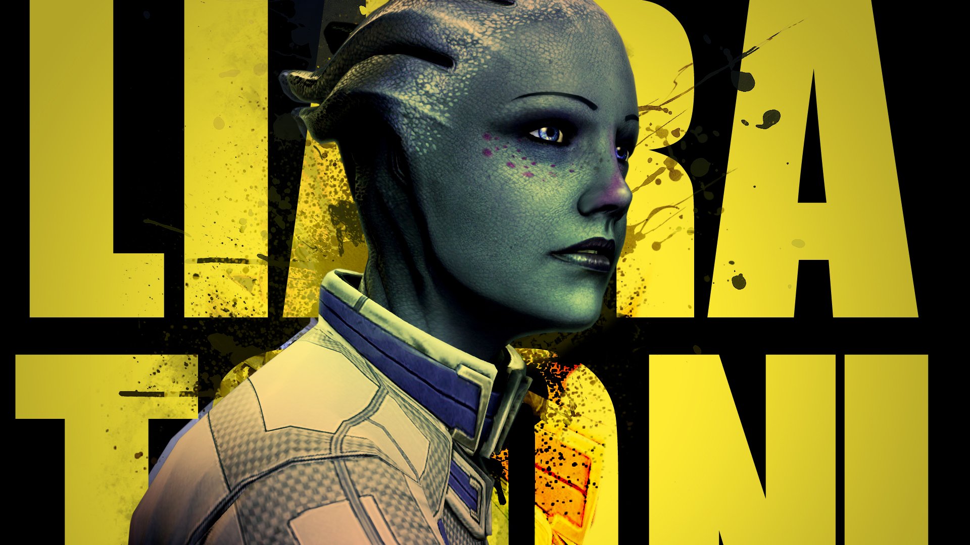 HD PC desktop wallpaper of Liara T'Soni from the Mass Effect video game: profile portrait of the blue-skinned Asari against a bold yellow text background.