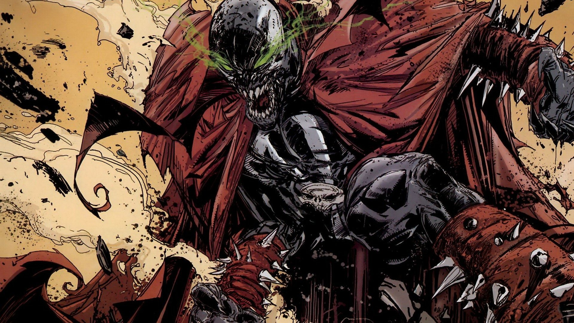 Comic-style HD PC desktop wallpaper of Spawn: snarling black-armored antihero with glowing green eyes, ragged red cape and spiked gauntlets amid swirling debris.