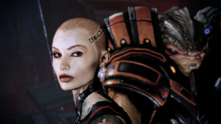 HD PC desktop wallpaper of video game Mass Effect 2: close-up of Jack, bald and tattooed, with armored Krogan Grunt behind her against a dim ship interior.