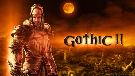 HD PC desktop wallpaper featuring a heavily armored knight under a glowing orange moon with the Gothic II video game logo in a dark, fiery landscape.