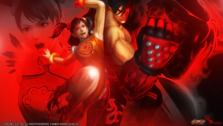 HD wallpaper featuring Jin Kazama and Ling Xiaoyu from the video game Street Fighter X Tekken. The vibrant image showcases dynamic action poses against a striking red background.