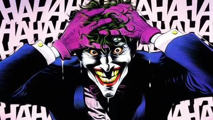 A vibrant HD wallpaper featuring the Joker from Batman: The Killing Joke, showcasing his maniacal expression against a background of laughter.