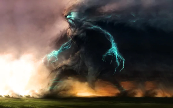 HD desktop wallpaper featuring a dynamic fantasy creature made of swirling storm clouds and electric blue lightning against a dramatic sunset backdrop.