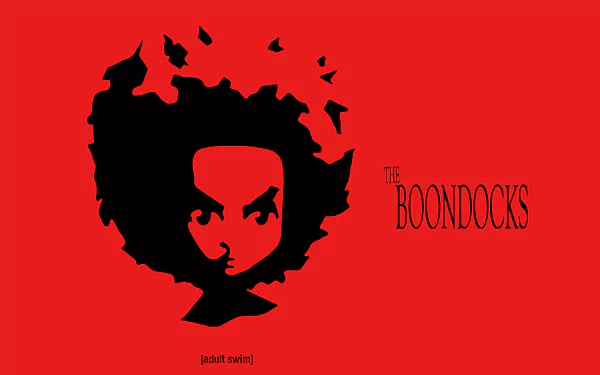 4K Ultra HD PC desktop wallpaper from the TV show The Boondocks: vivid red background with a black silhouette of Huey Freeman’s face and the series logo.