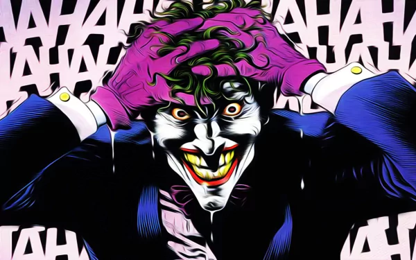 A vibrant HD wallpaper featuring the Joker from Batman: The Killing Joke, showcasing his maniacal expression against a background of laughter.